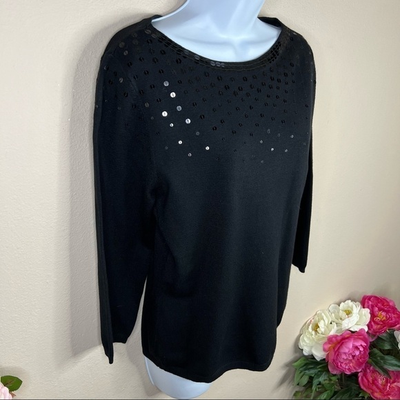 S Ruby Rd Black Sequin Sweater Long Sleeve Boat Neckline Stretch Small 4 6 - Picture 2 of 6